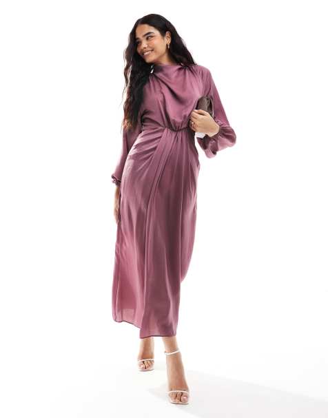 ASOS DESIGN – Drapiertes Satin-Maxikleid in Beeren-Rosa mit Blousonärmeln - view 1
