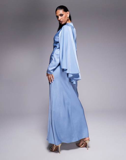 ASOS DESIGN – Drapiertes Satin-Maxikleid in gedecktem Blau mit Schrägschnitt und Schal-Overlay, 4 von 4