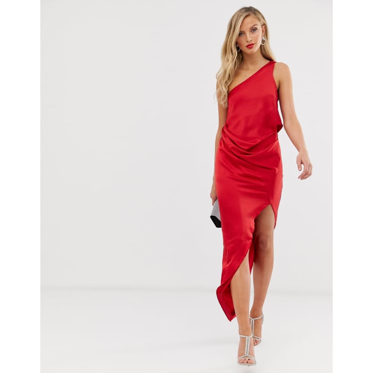 ASOS DESIGN Drapiertes Satin Midikleid in Rot mit One Shoulder Trager