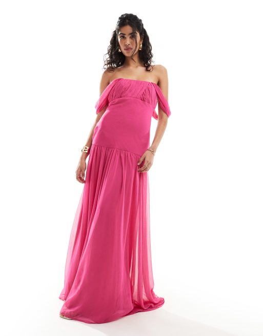 ASOS DESIGN Drapiertes schulterfreies Maxikleid in Fuchsia Rosa mit tiefer Taille