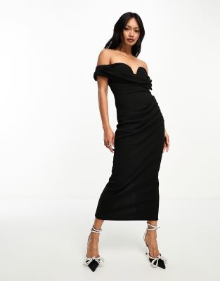 ASOS DESIGN - Drapiertes, schulterfreies Midikleid in Schwarz mit V-Bügel und Biesen