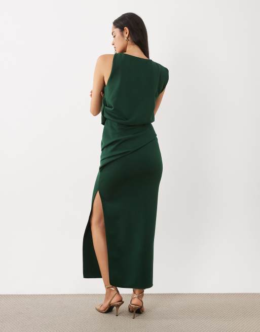 ASOS DESIGN drapiertes, strukturiertes Midikleid mit Schlitz aus dunkelgrünem Scuba-Material, 3 von 4