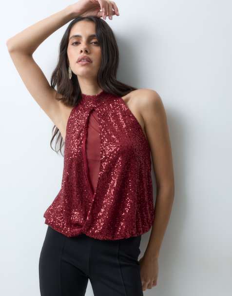 ASOS DESIGN drapiertes Top mit Pailletten und Mesh in Burgunderrot - view 1