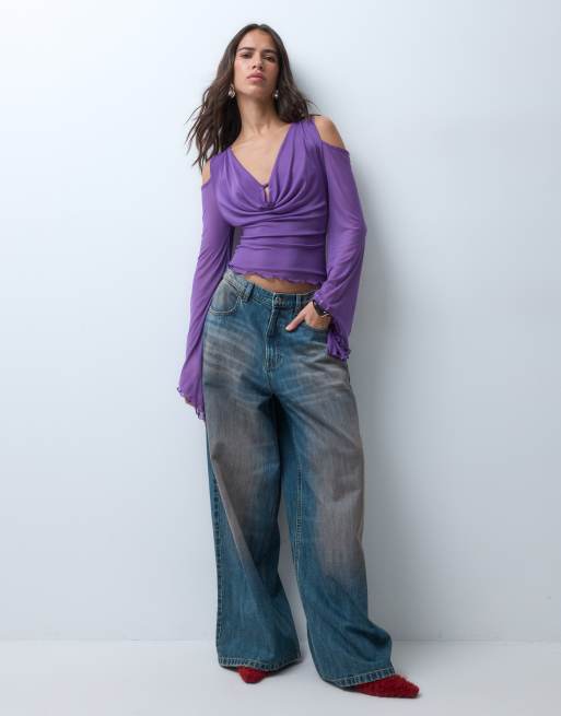 ASOS DESIGN drapiertes Top mit Wasserfallausschnitt und Cut-out-Schultern in Lila, 3 von 4