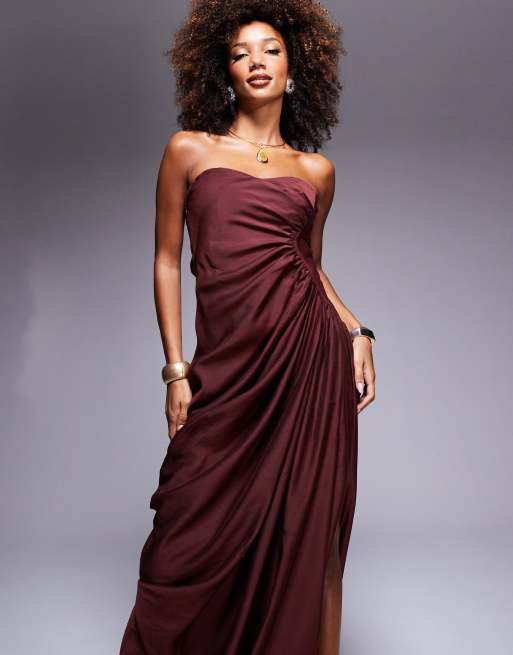 ASOS DESIGN – Drapowana bordowa sukienka maxi z dekoltem bandeau , 2 z 4
