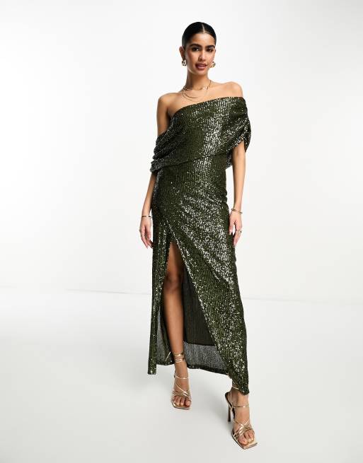 ASOS DESIGN – Drapowana cekinowa sukienka maxi bodycon na jedno ramię w kolorze oliwkowej zieleni
