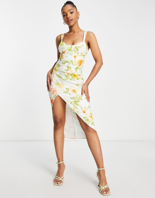 ASOS DESIGN – Drapowana gorsetowa sukienka midi na ramiączkach w kwiatowy wzór