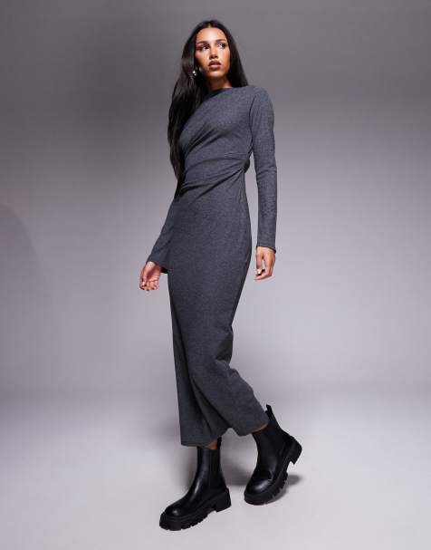 ASOS DESIGN – Drapowana prążkowana sukienka maxi z asymetrycznym dołem w grafitowym kolorze - view 1