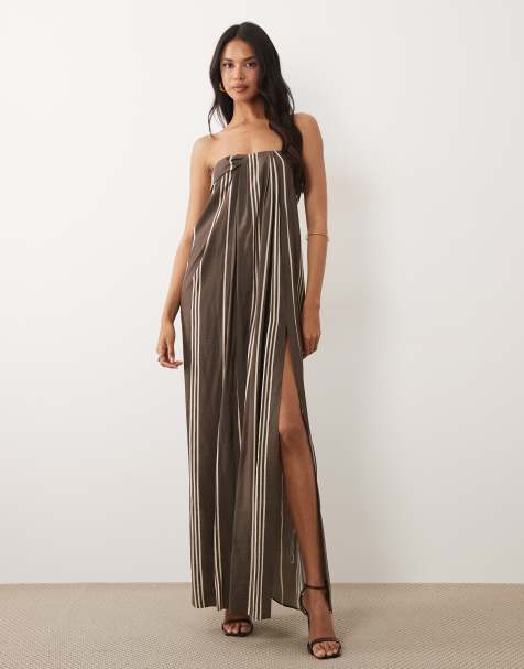 ASOS DESIGN – Drapowana sukienka maxi z dekoltem bandeau w paski - view 1