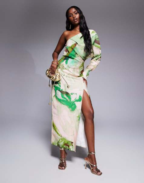 ASOS DESIGN one shoulder drape midaxi dress in green abstract