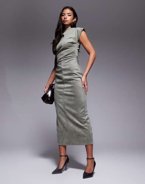 ASOS DESIGN – Drapowana sukienka midi z imitacji zamszu w kolorze khaki - view 1