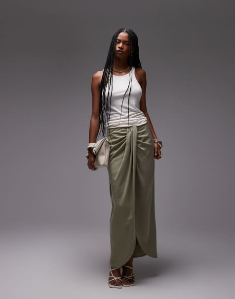 ASOS DESIGN lyocell drape front maxi skirt in olive