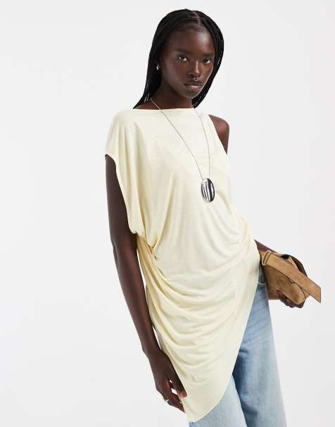 ASOS DESIGN drapowany asymetryczny wydłużony top bez rękawów w kolorze buttermilk - view 1