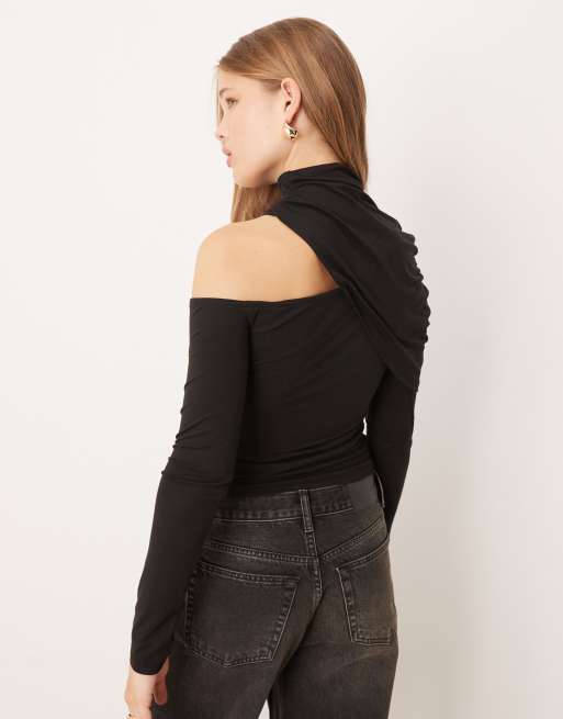 ASOS DESIGN – Drapowany czarny top z zabudowanym dekoltem i wycięciem, 2 z 4