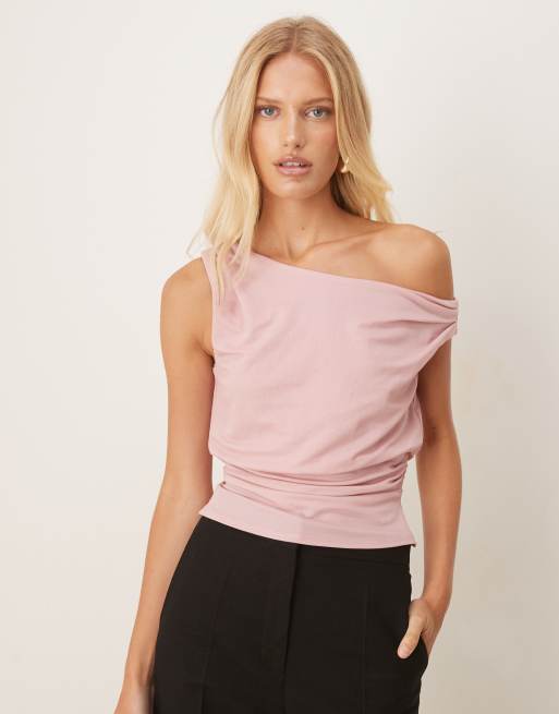 ASOS DESIGN – Drapowany różowy top na jedno ramię z materiału o wyglądzie lnu
