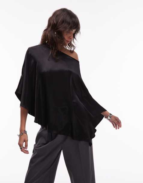ASOS DESIGN satin one shoulder drape top in black