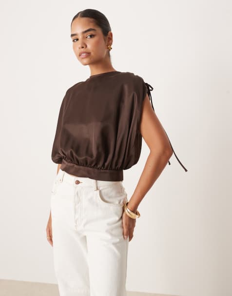 ASOS DESIGN satin ruched shoulder drape top in mocha