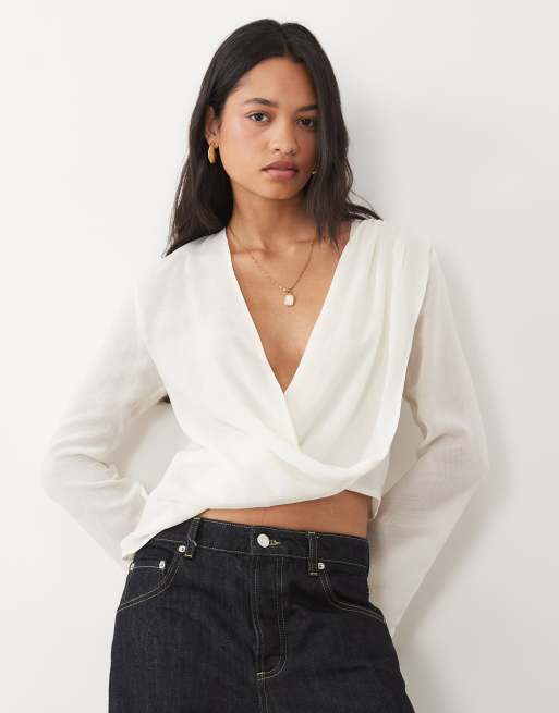 ASOS DESIGN drapowany szyfonowy top z długim rękawem w kolorze ivory - IVORY, 1 z 4