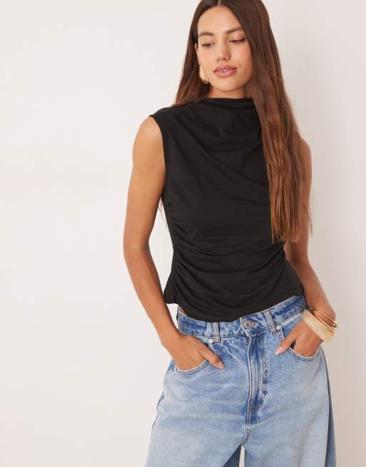 ASOS DESIGN – Drapowany top z zabudowanym dekoltem i marszczeniami po bokach w kolorze czarnym