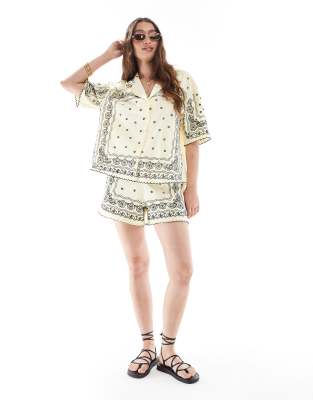 ASOS DESIGN drawcord short with bandana embroidery in yellow - view 1