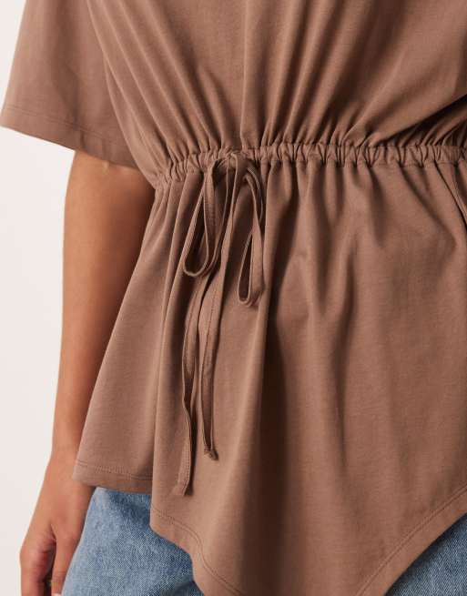 ASOS DESIGN drawcord waist detail top with asymmetric hem in choc, 2 of 4