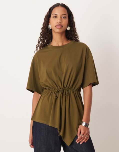 ASOS DESIGN drawcord waist detail with asymmetric hem in olive