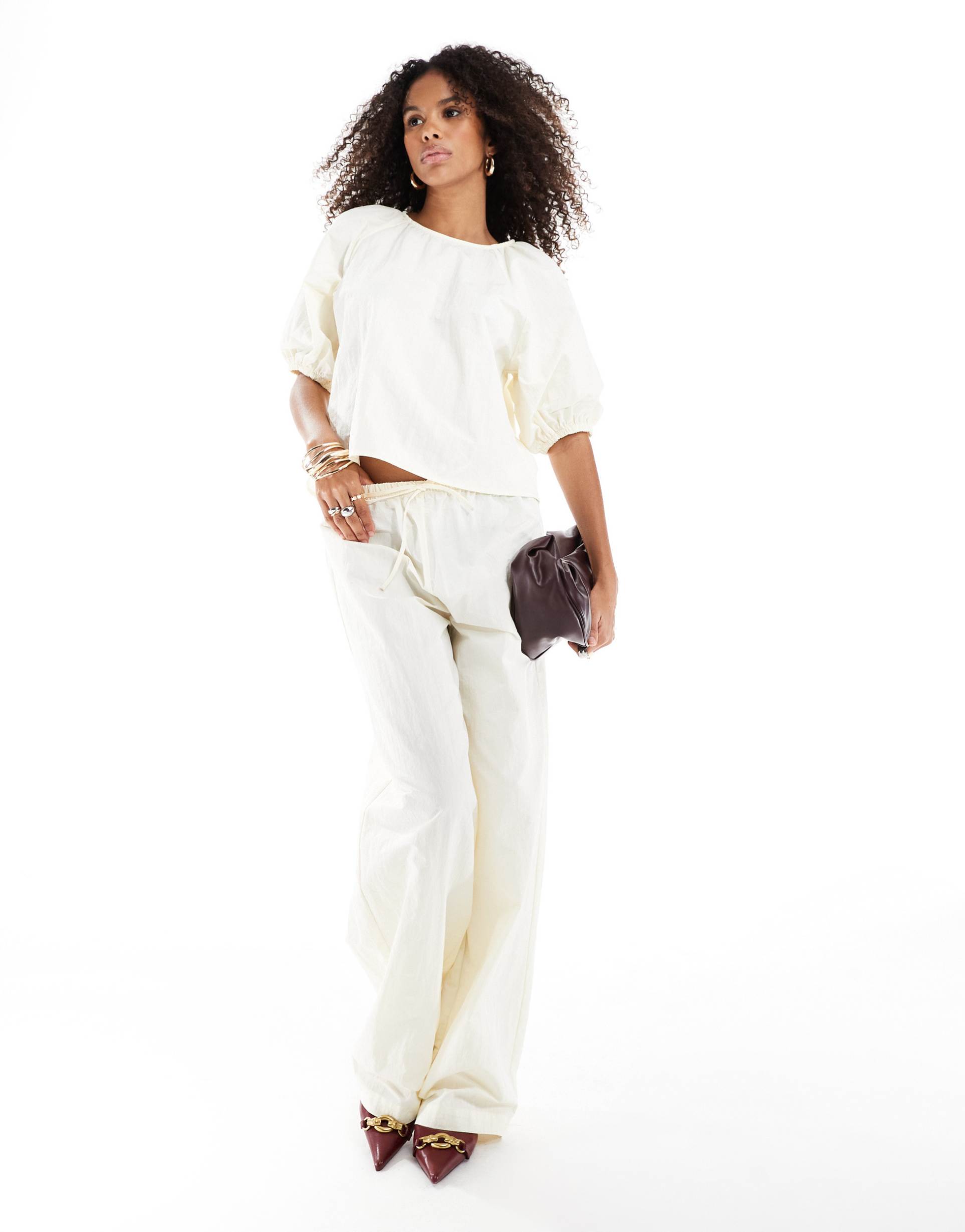 asos design drawstring barrel leg pants in ecru - part of a set