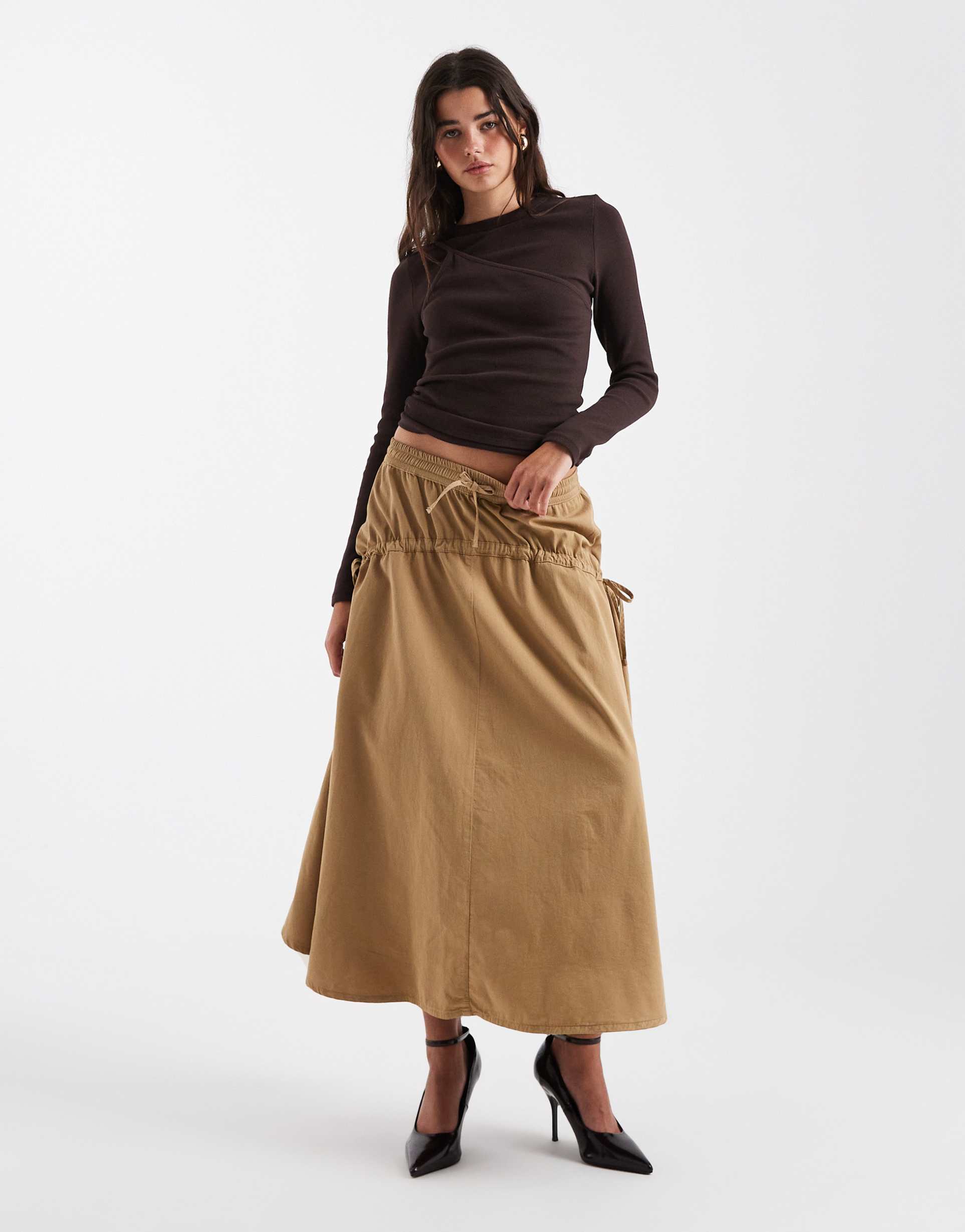 asos design drawstring circle skirt in beige