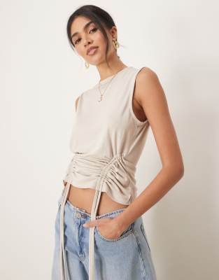 Asos Design Drawstring Cupro Sleeveless Tank Top In Neutral