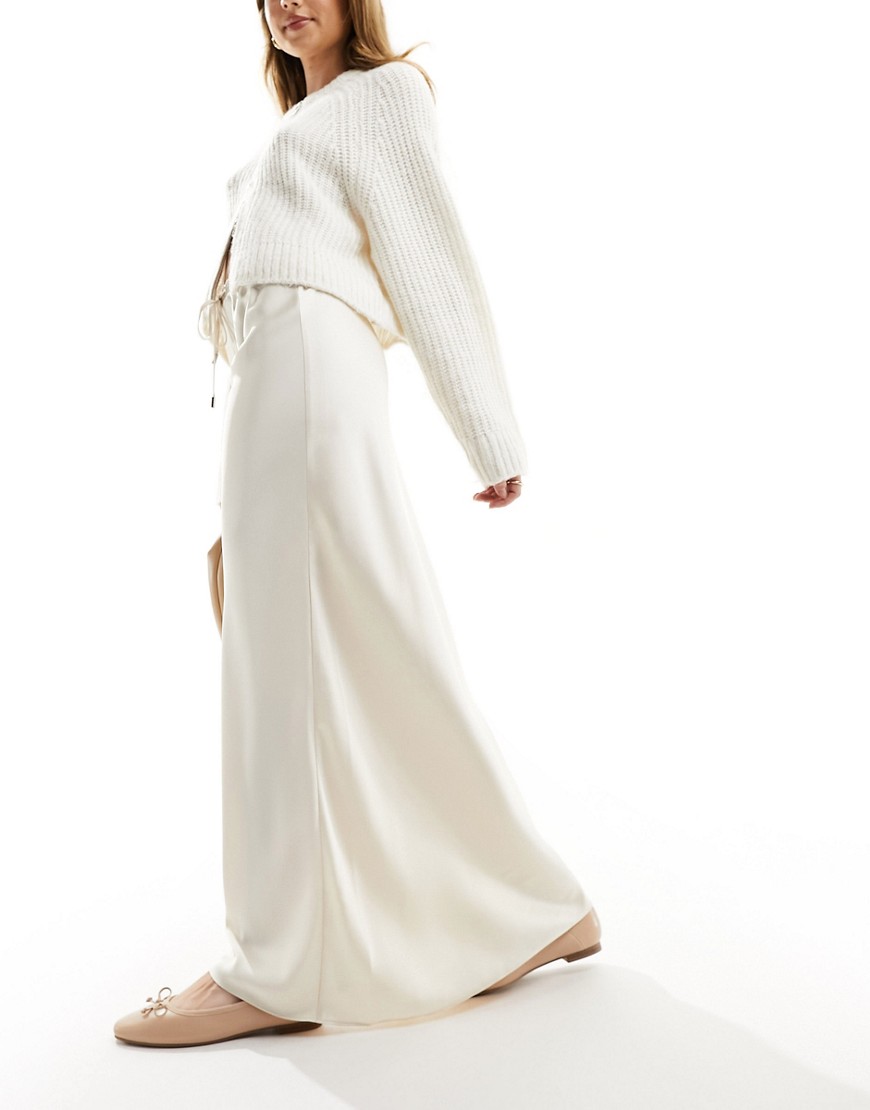Asos Design Drawstring Detail Satin Bias Maxi Skirt In Cream-white