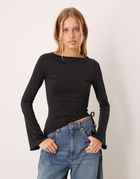 ASOS DESIGN drawstring detail top with flute sleeve in black - view 1