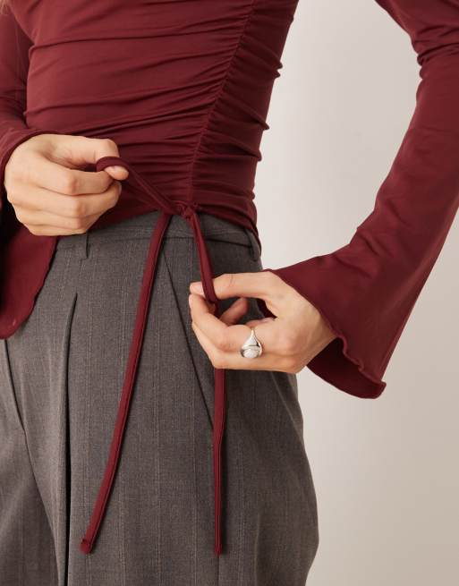 ASOS DESIGN drawstring detail top with flute sleeve in burgundy, 3 of 4