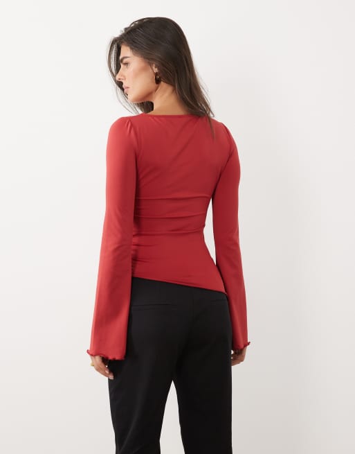 ASOS DESIGN drawstring detail top with flute sleeve in burgundy, 4 of 4