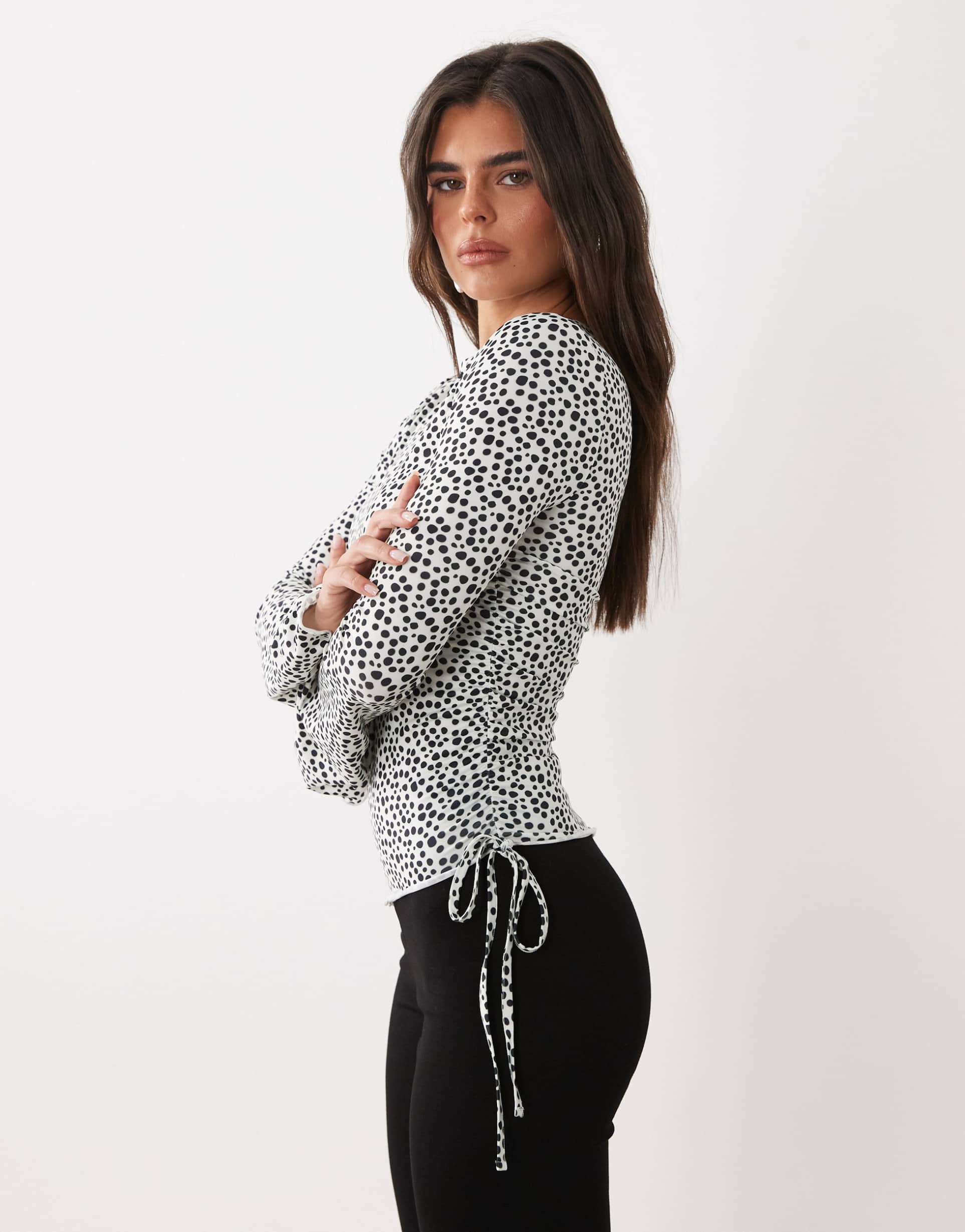 asos design drawstring detail top with flute sleeve in mono spot print