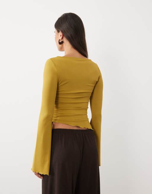 ASOS DESIGN drawstring detail top with flute sleeve in olive, 4 of 4