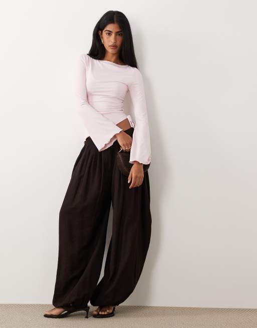 ASOS DESIGN drawstring detail top with flute sleeve in pink, 2 of 4