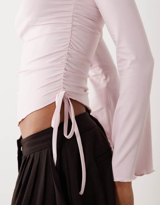 ASOS DESIGN drawstring detail top with flute sleeve in pink, 3 of 4