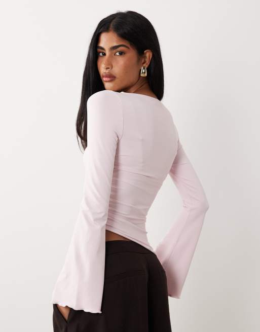 ASOS DESIGN drawstring detail top with flute sleeve in pink, 4 of 4