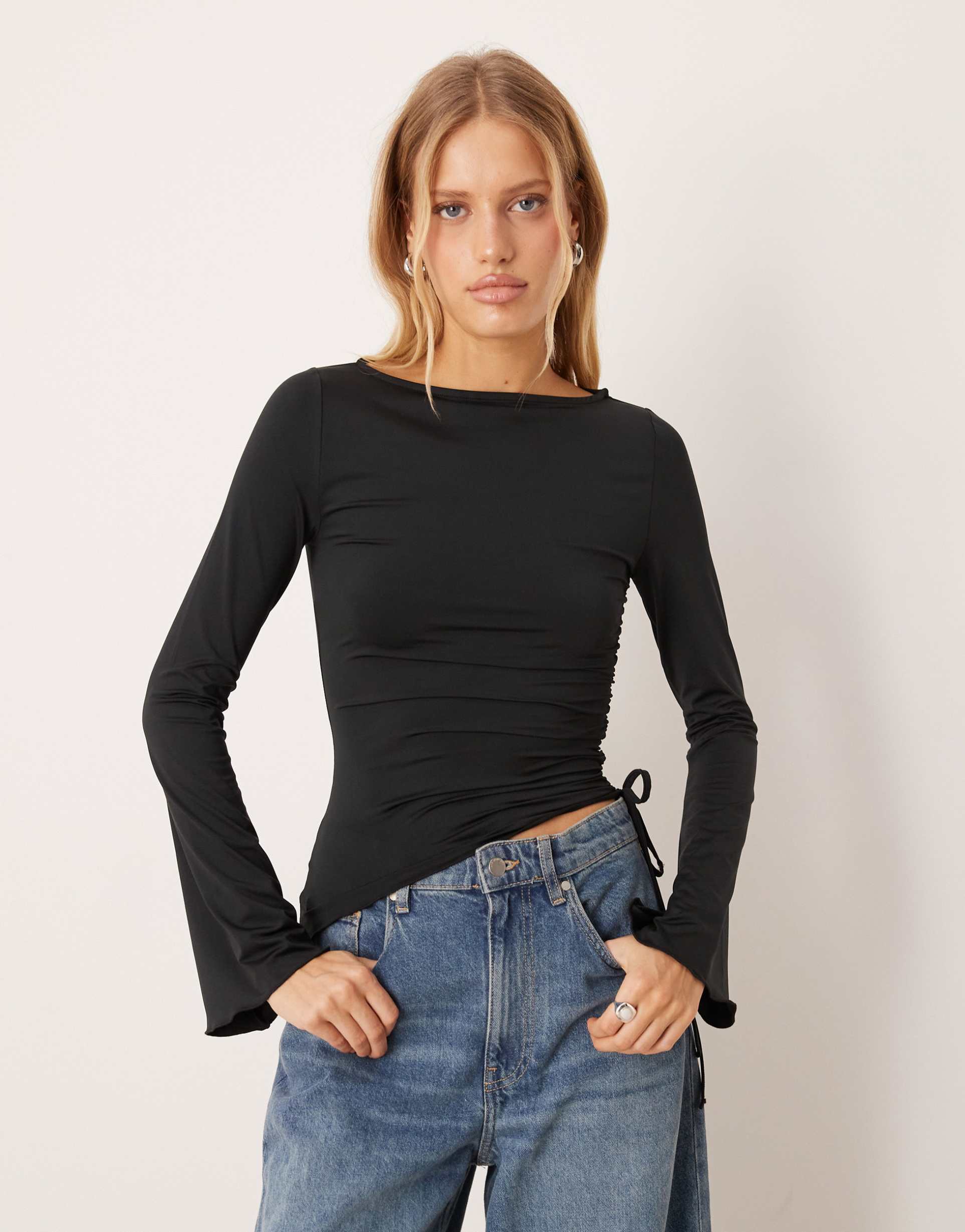 asos design drawstring detail top with fluted sleeves in black