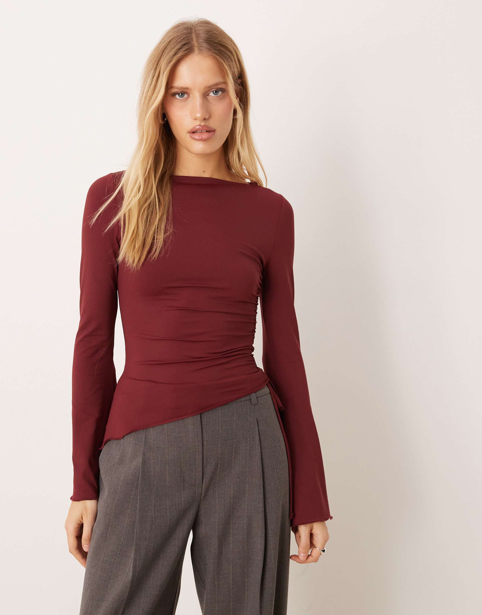 asos design drawstring detail top with fluted sleeves in burgundy
