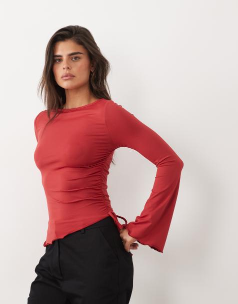 ASOS DESIGN drawstring detail top with fluted sleeves in burgundy - view 1