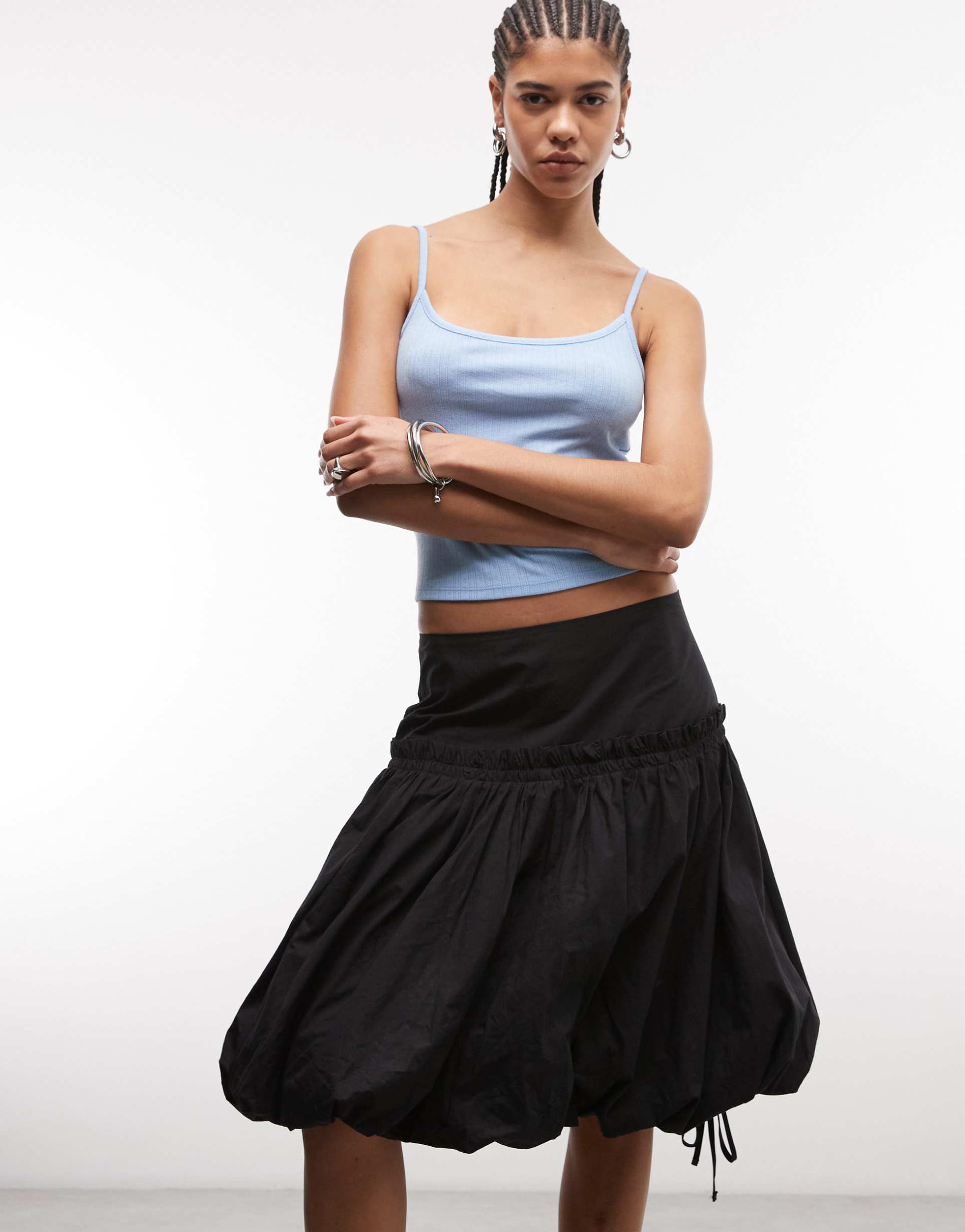 asos design drawstring drop waist midi length bubble skirt in black