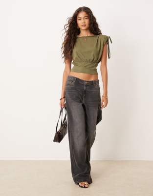 Asos Design Drawstring Power Shoulders Cinched Top In Green
