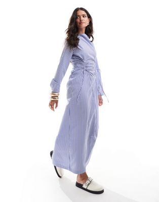 ASOS DESIGN drawstring ruched front maxi dress in blue stripe Sale