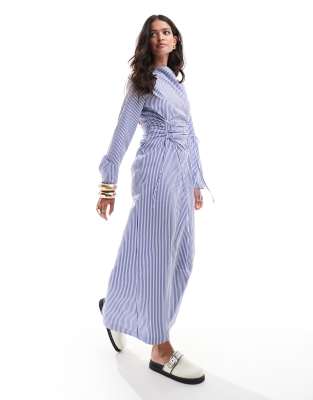 Shop ASOS DESIGN drawstring ruched front maxi dress in blue stripe Online – Trendy & Affordable Fashion