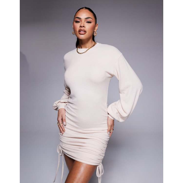drawstring ruched side dress Drawstring Ruched Asymmetrical Hem Satin Dress, White / XS