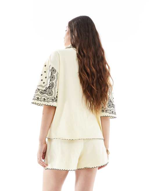 ASOS DESIGN drawstring shorts with bandana embroidery in yellow, 3 of 5