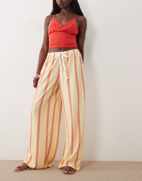ASOS DESIGN drawstring texture wide leg pants in yellow striped print - view 1