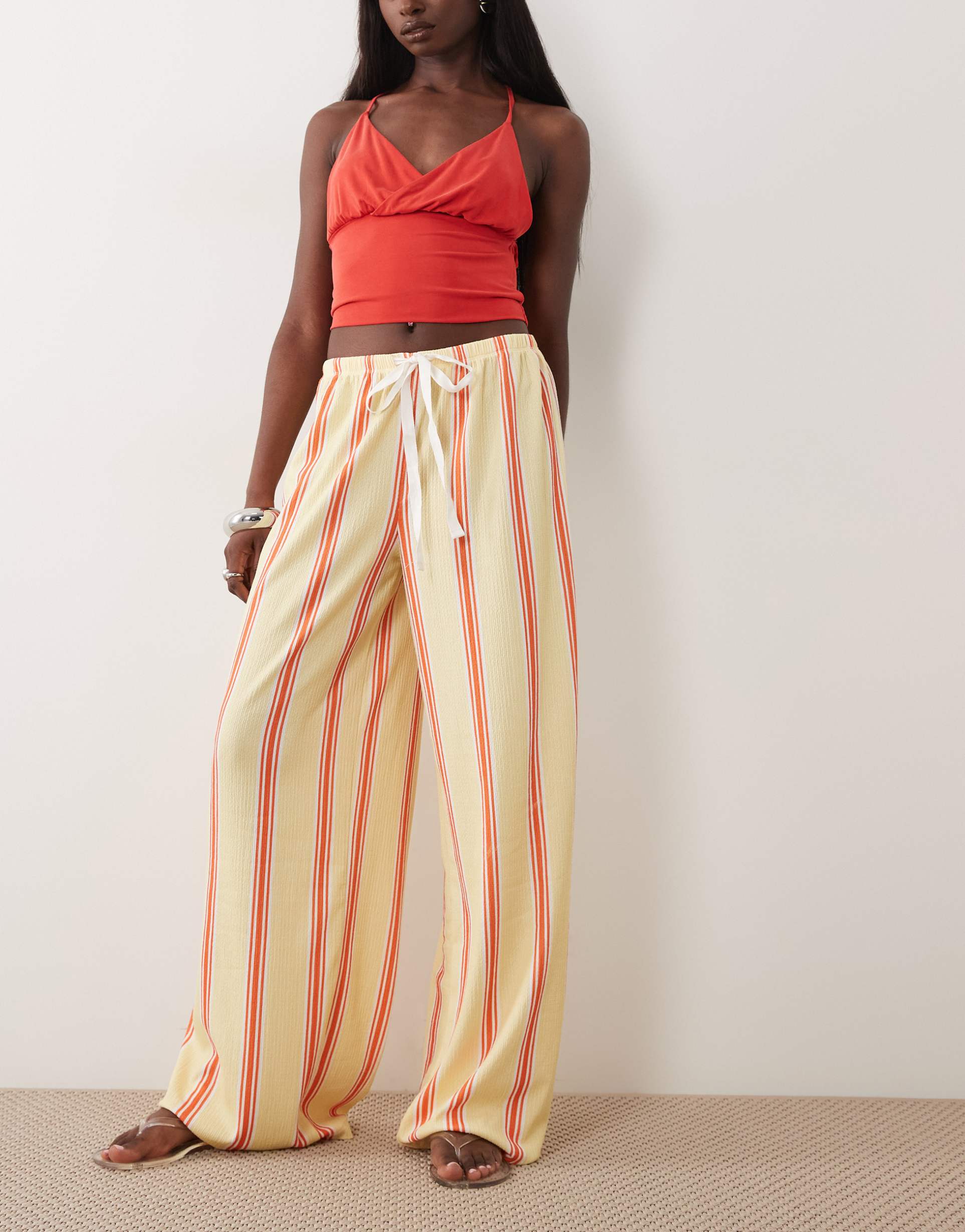asos design drawstring texture wide leg pants in yellow striped print