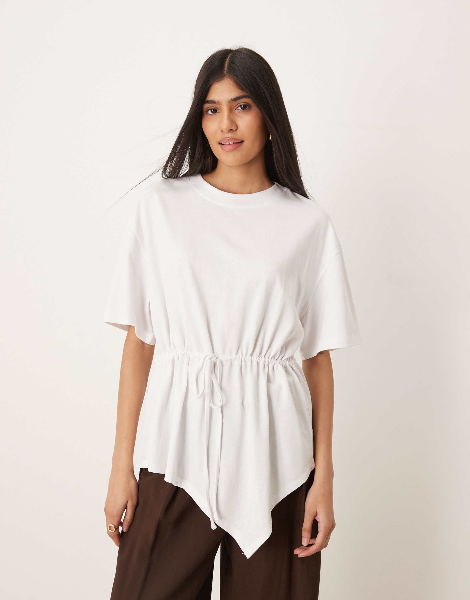 asos design drawstring waist detail with asymmetric hem in white